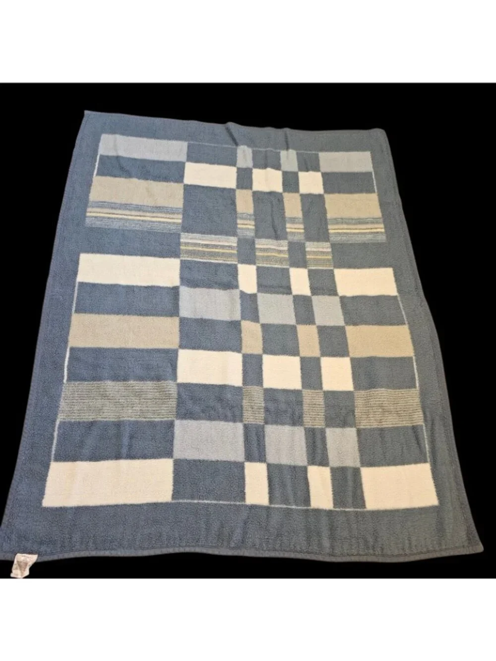 VTG Reversible Blanket Plush Dralon Germany Blue White Checkered Geometric 60x80